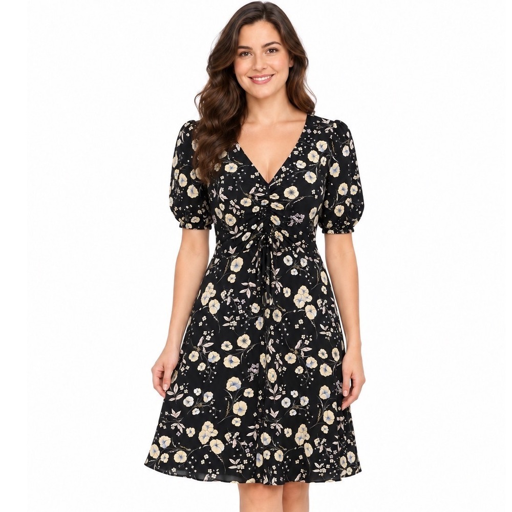 Lauren Conrad Black Floral Ruched Puff Sleeve V Neck Dress Womens S Cottagecore